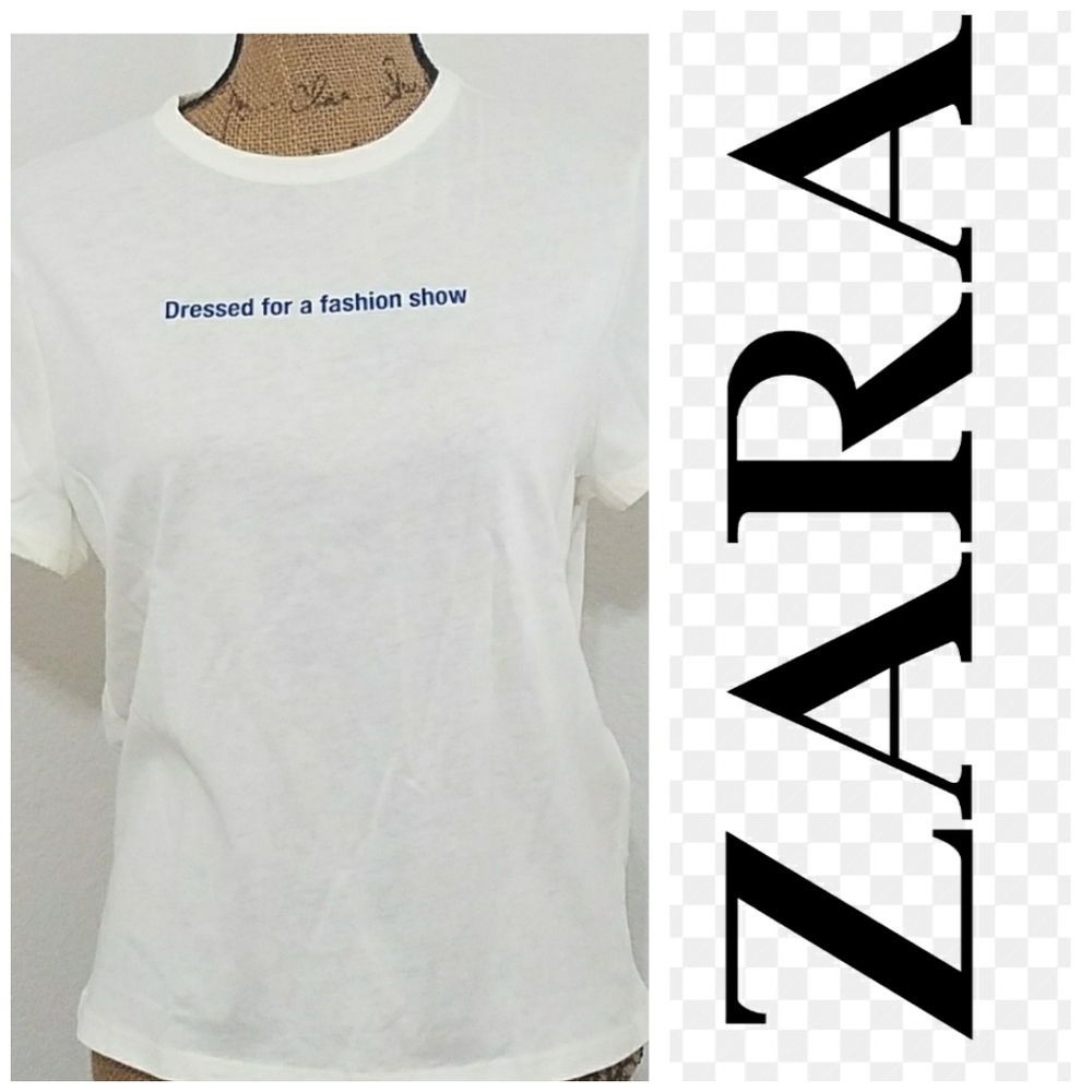 ZARA 'Dressed for a Fashion Show' white short sleeve graphic tee sz.Lg.